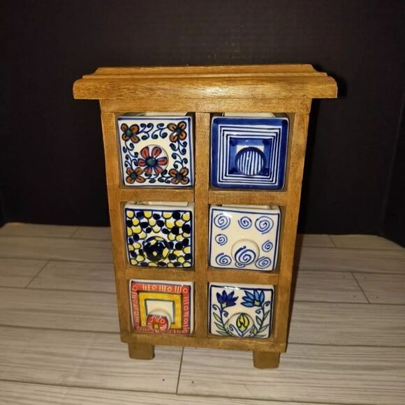 Apothecary 6 Hand Painted Ceramic Drawers Heavy Wooden Cabinet Tea Trinket Box - Picture 3 of 12